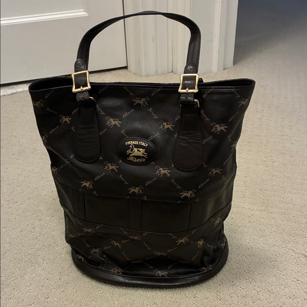 Italian Alberio Equestrian Themed Black and Brown Tote made in Florence